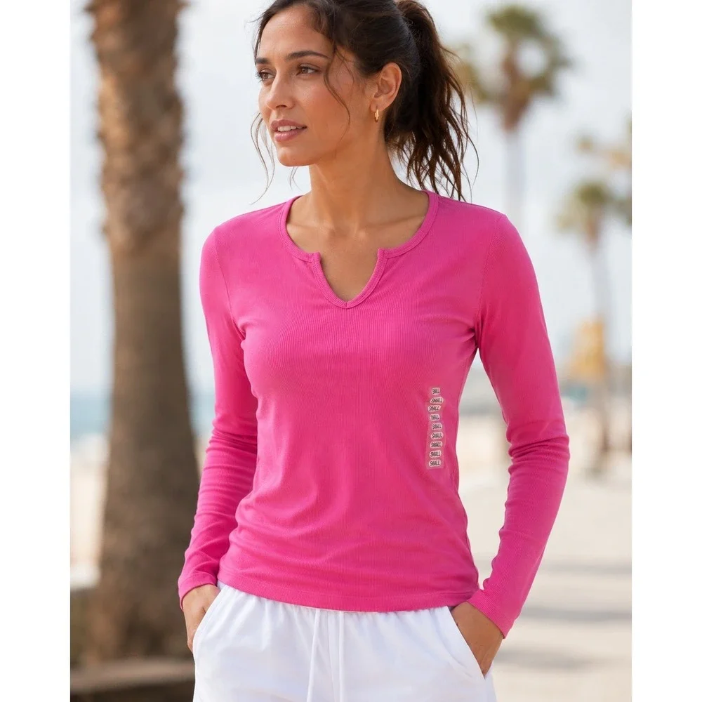 Vintage Y2K Liz Claiborne Lizwear Pink Rib Knit Long Sleeve Top Women Sm Stretch - Picture 2 of 10